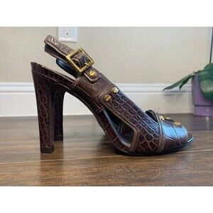 TORY BURCH Crocodile Embossed Leather High Heel Sandals Brown Gold Shoes VTG 7